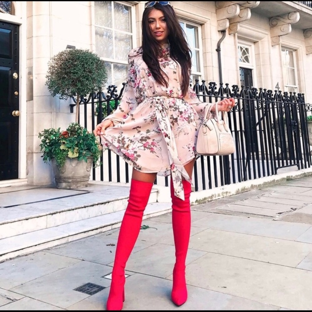 Floral High Neck Mini dress, Color Creme/Pink